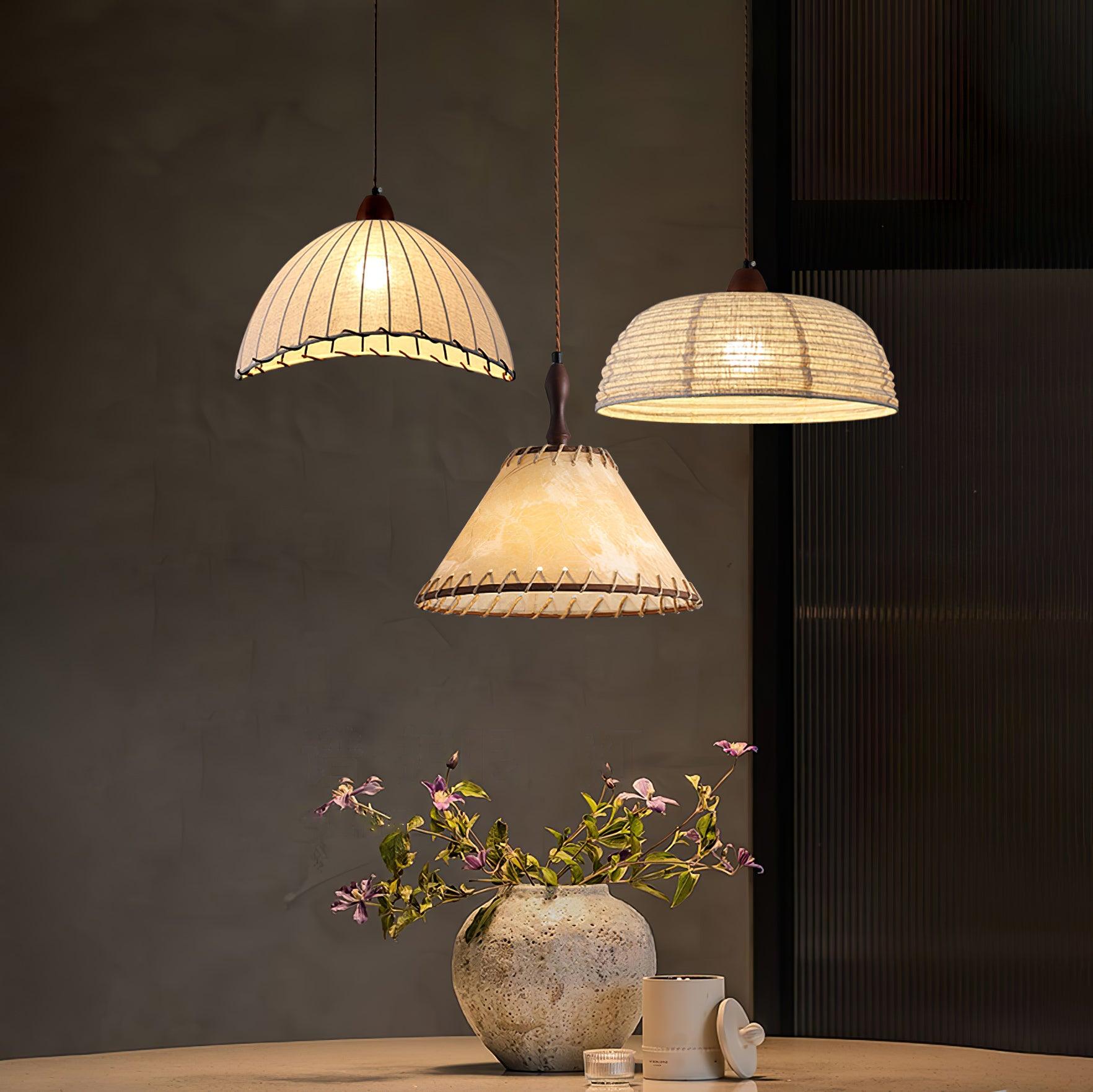 Modern Minimalist Walnut Wood and White Fabric Pendant Light for Dining and Living Areas