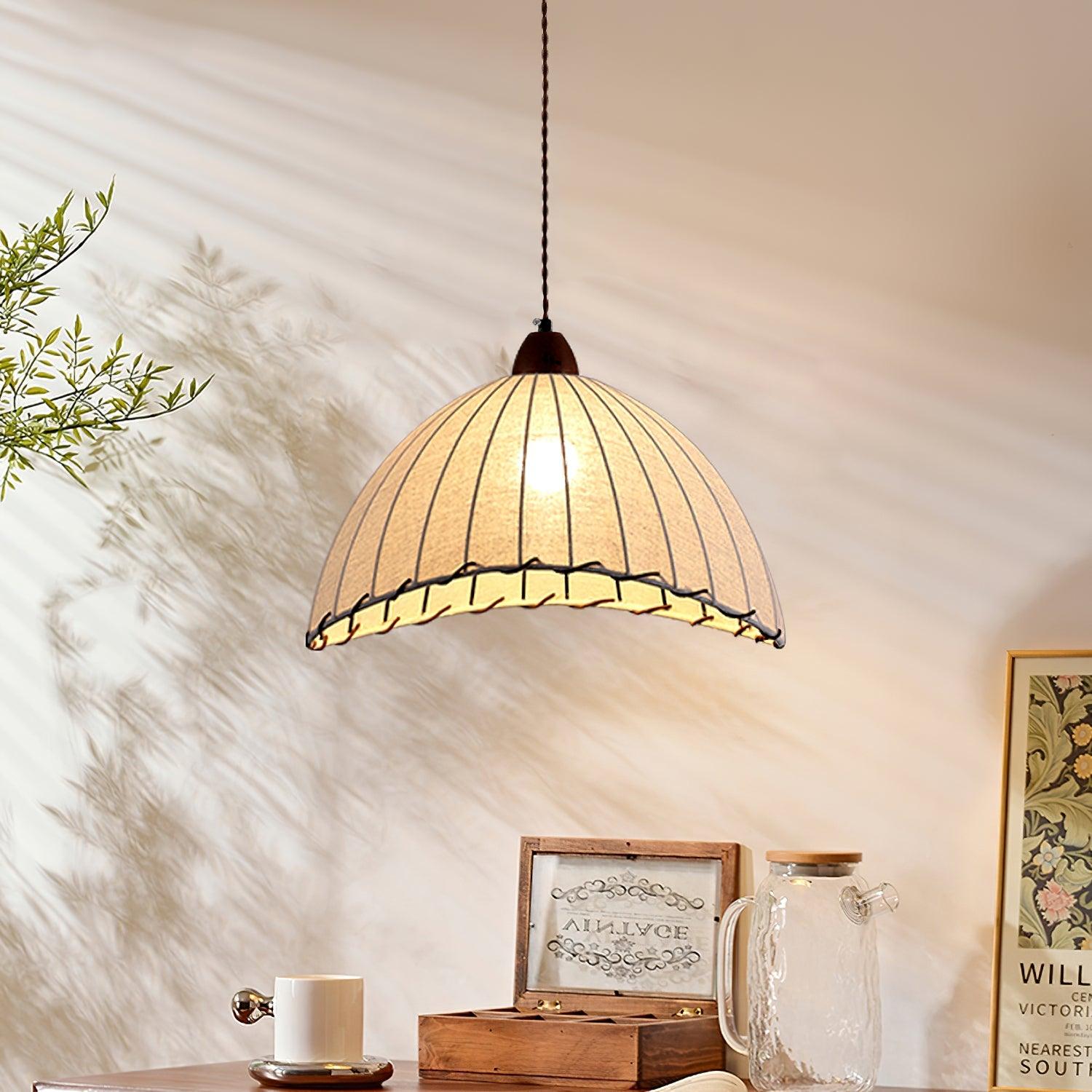 Modern Minimalist Walnut Wood and White Fabric Pendant Light for Dining and Living Areas