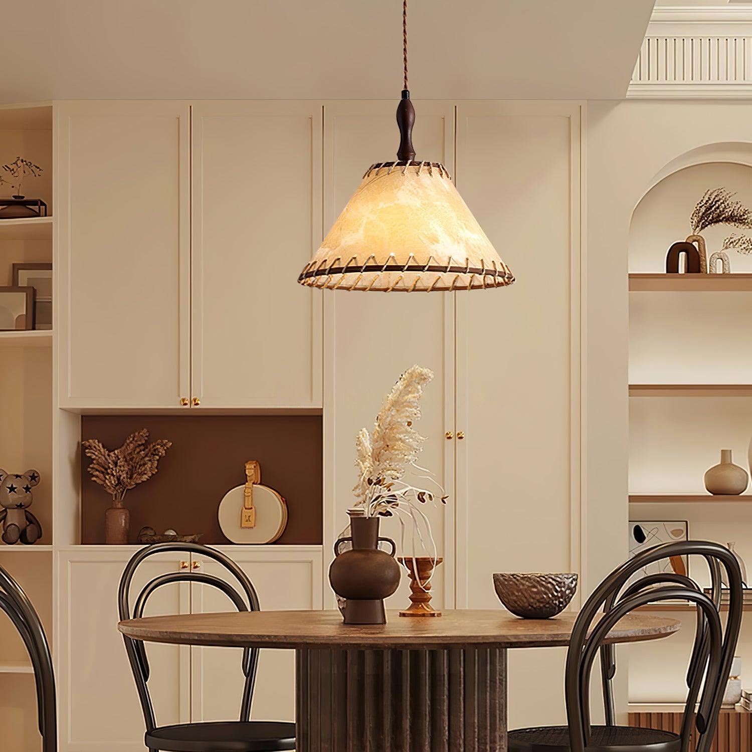 Modern Minimalist Walnut Wood and White Fabric Pendant Light for Dining and Living Areas