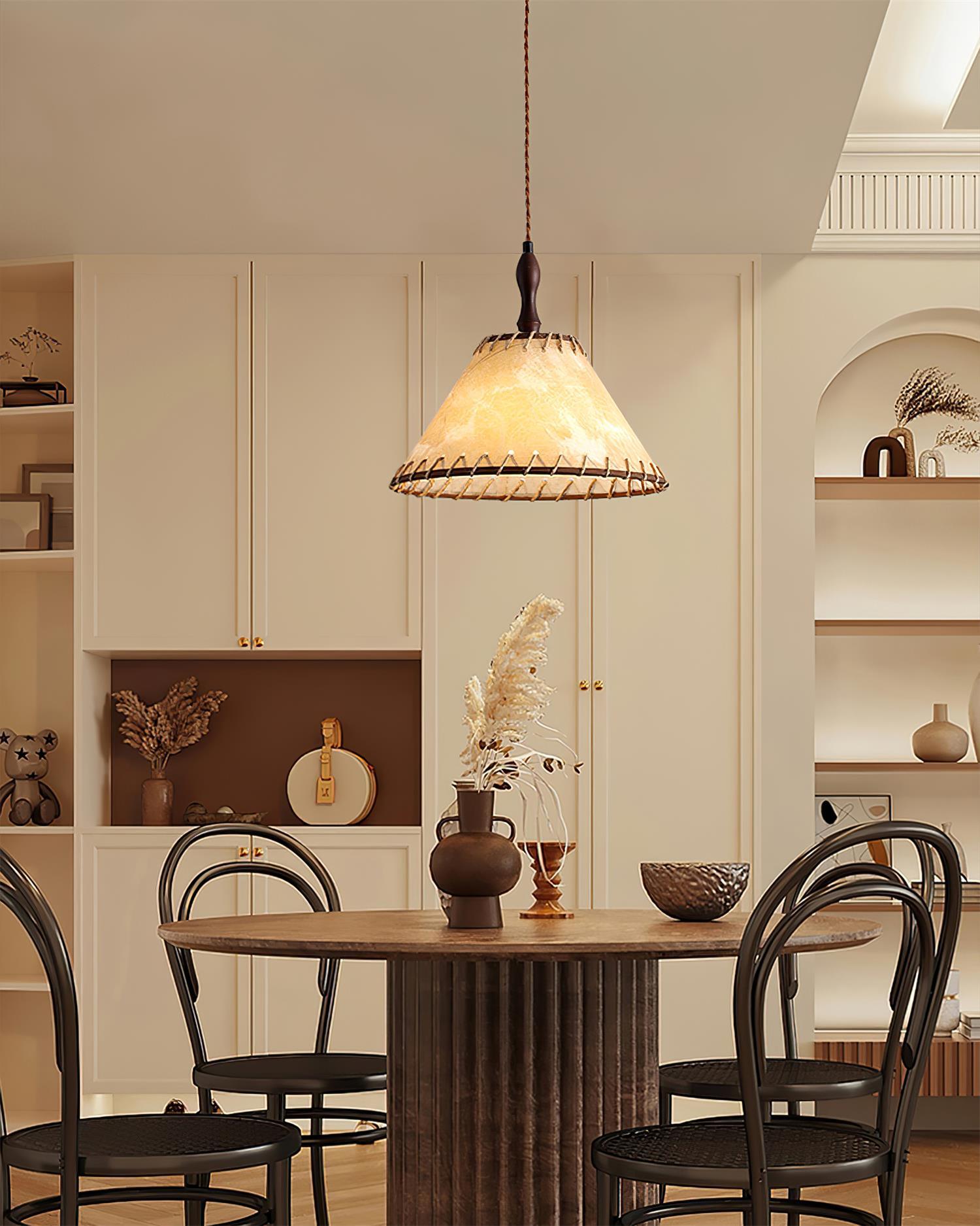 Modern Minimalist Walnut Wood and White Fabric Pendant Light for Dining and Living Areas