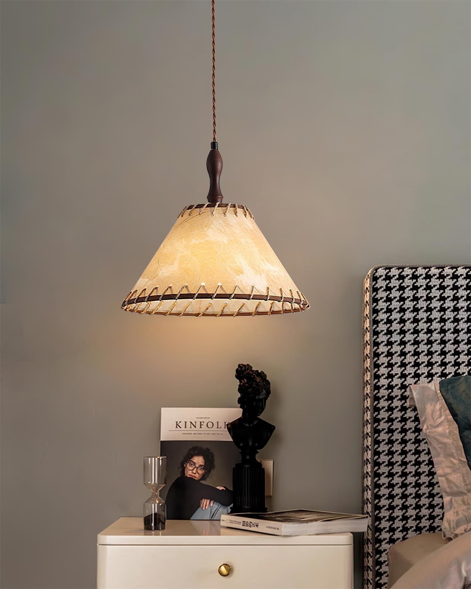 Modern Minimalist Walnut Wood and White Fabric Pendant Light for Dining and Living Areas