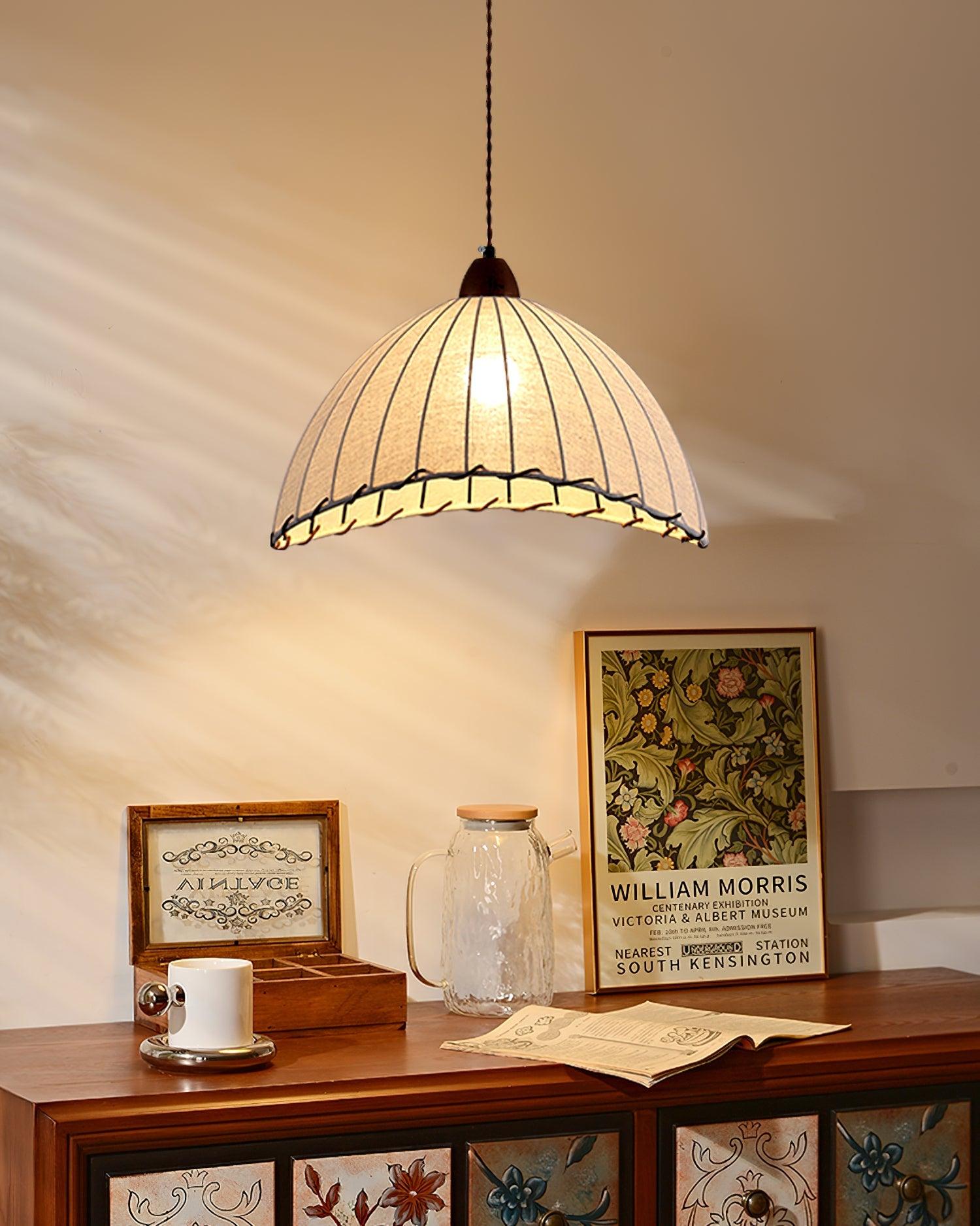 Modern Minimalist Walnut Wood and White Fabric Pendant Light for Dining and Living Areas