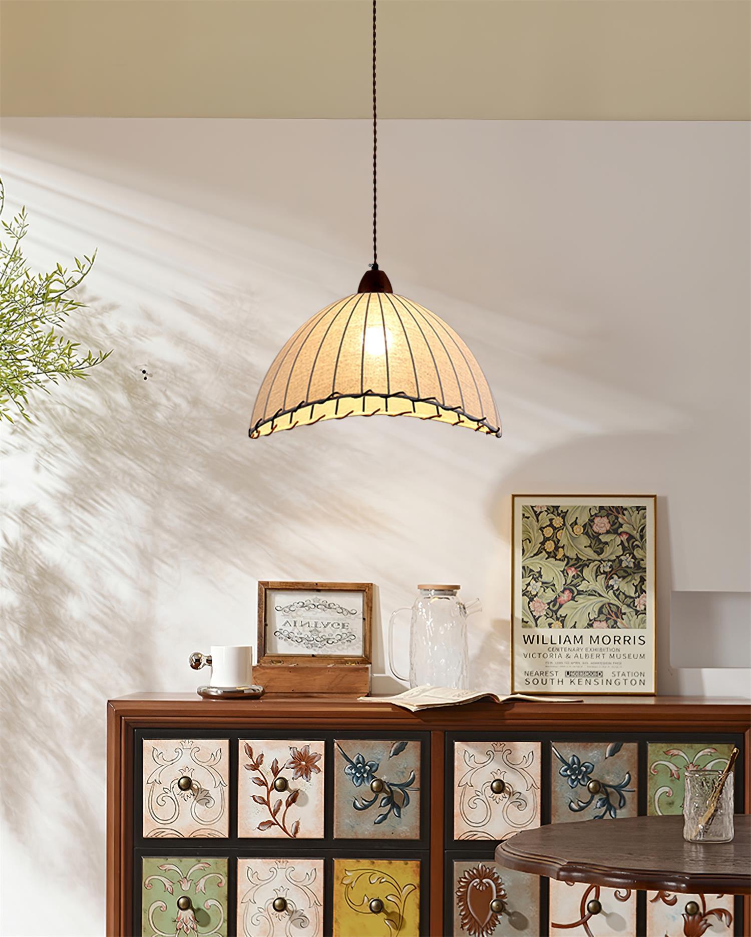 Modern Minimalist Walnut Wood and White Fabric Pendant Light for Dining and Living Areas
