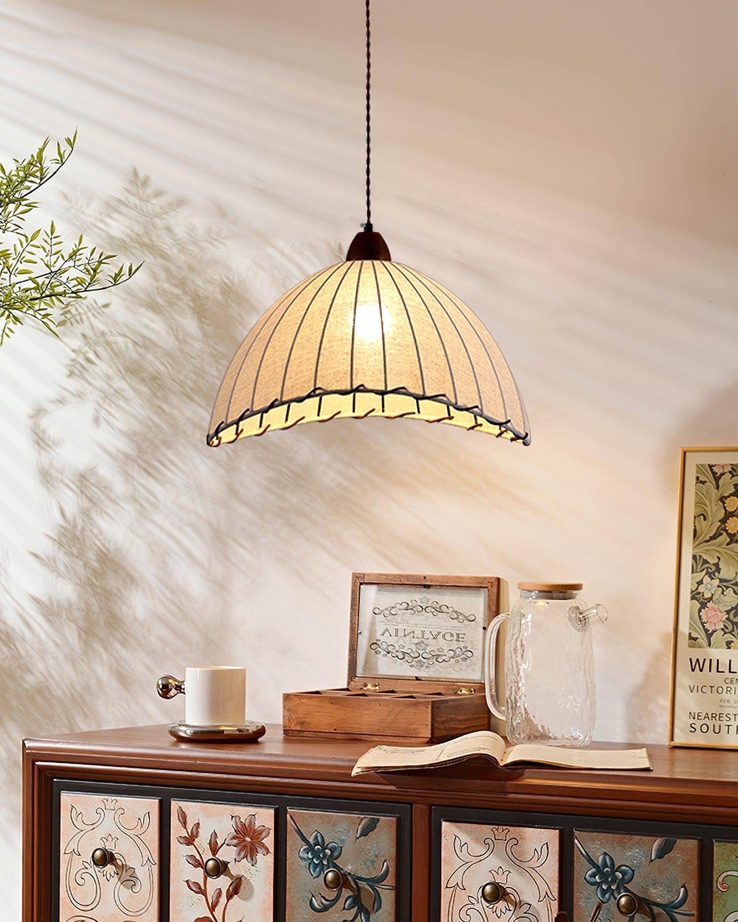 Modern Minimalist Walnut Wood and White Fabric Pendant Light for Dining and Living Areas