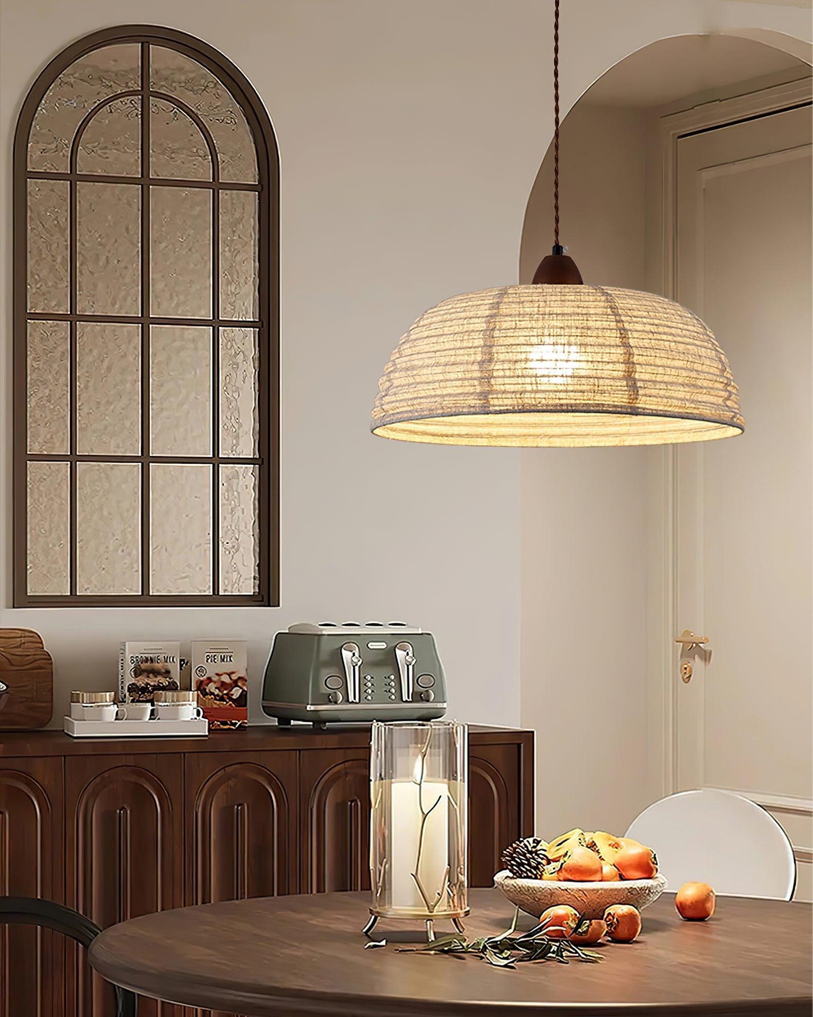 Modern Minimalist Walnut Wood and White Fabric Pendant Light for Dining and Living Areas