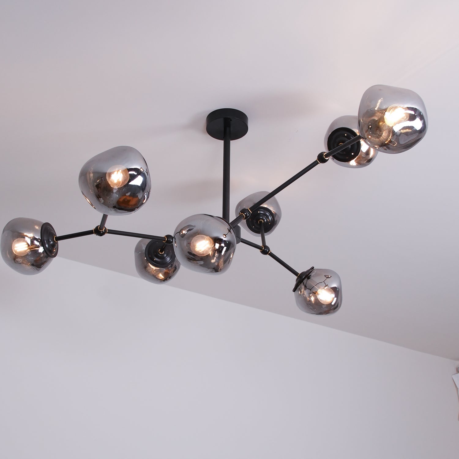 Modern Molecular Glass Melt Chandelier with Smoke Gray Shades and Black Metal Finish