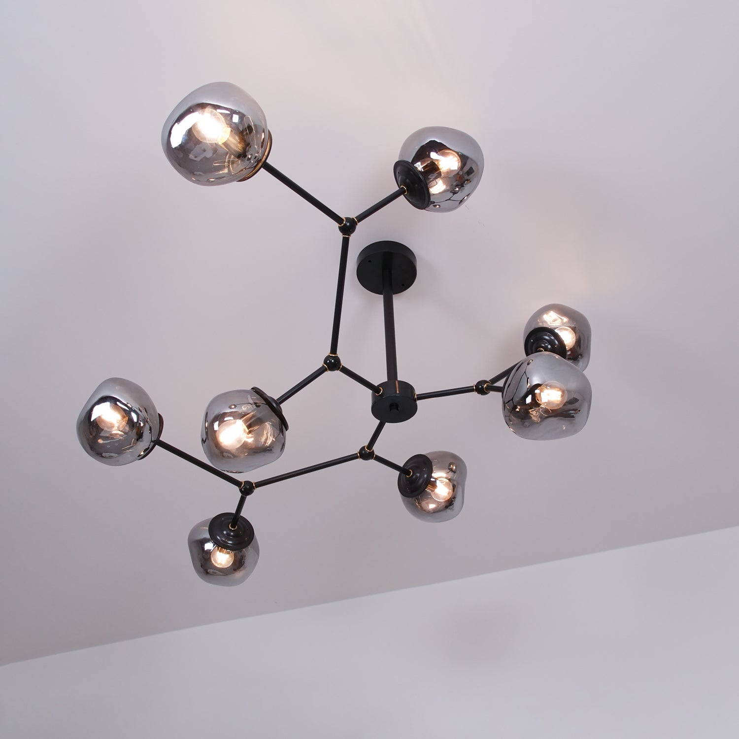 Modern Molecular Glass Melt Chandelier with Smoke Gray Shades and Black Metal Finish