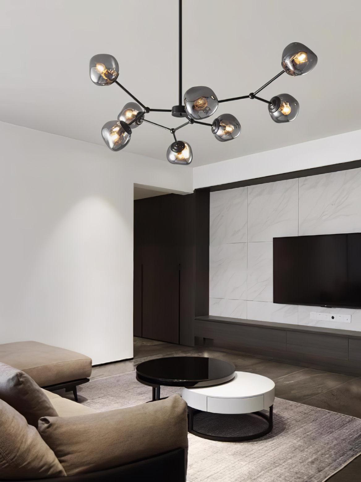 Modern Molecular Glass Melt Chandelier with Smoke Gray Shades and Black Metal Finish