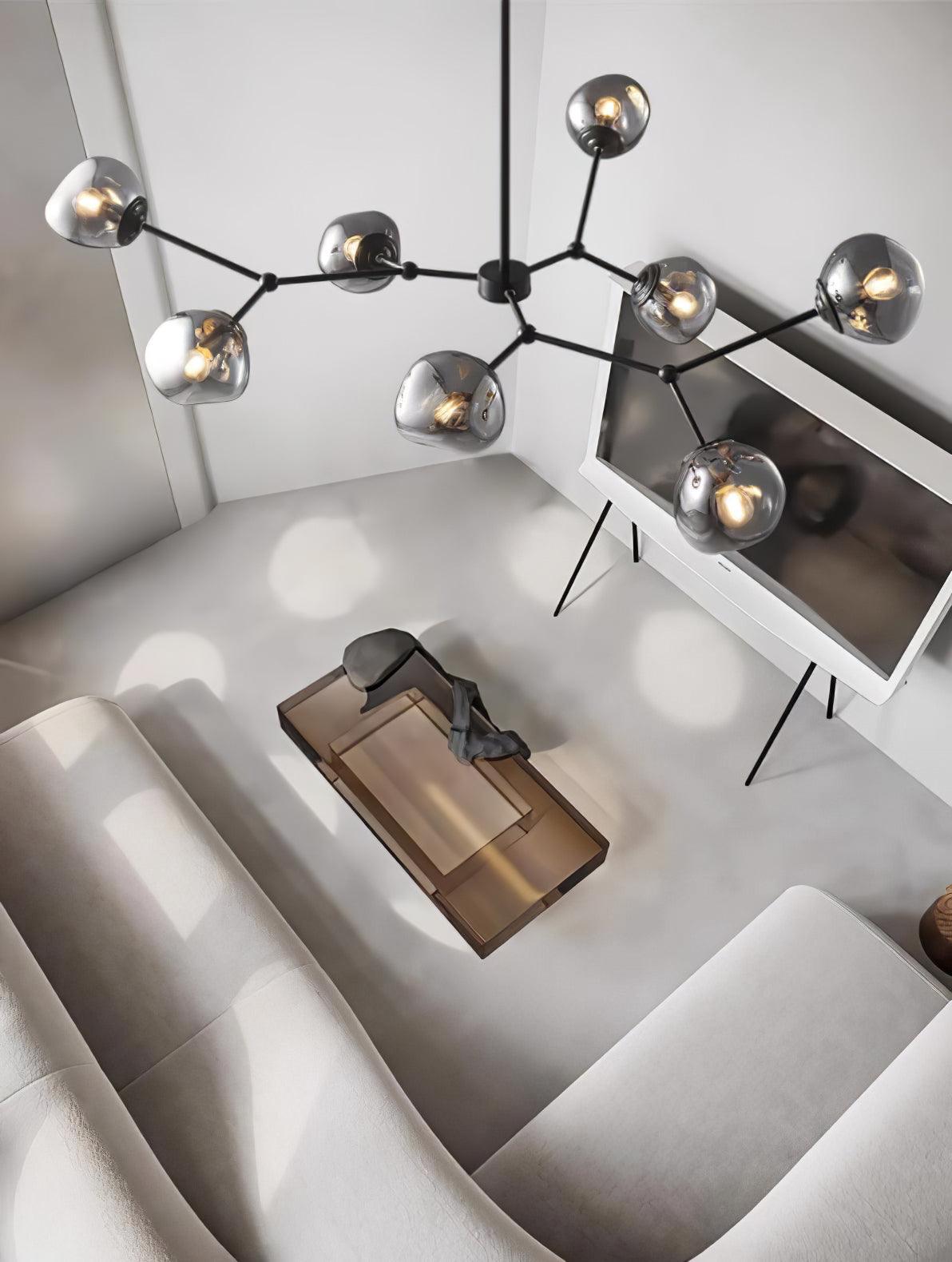 Modern Molecular Glass Melt Chandelier with Smoke Gray Shades and Black Metal Finish