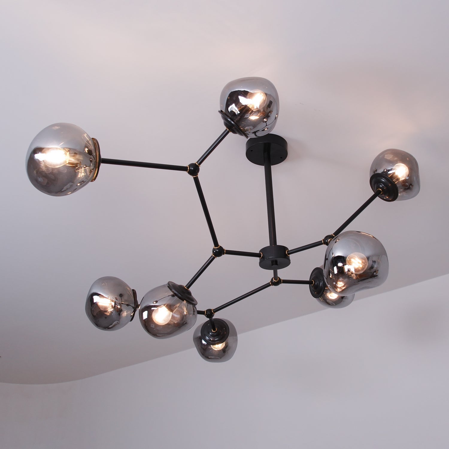 Modern Molecular Glass Melt Chandelier with Smoke Gray Shades and Black Metal Finish