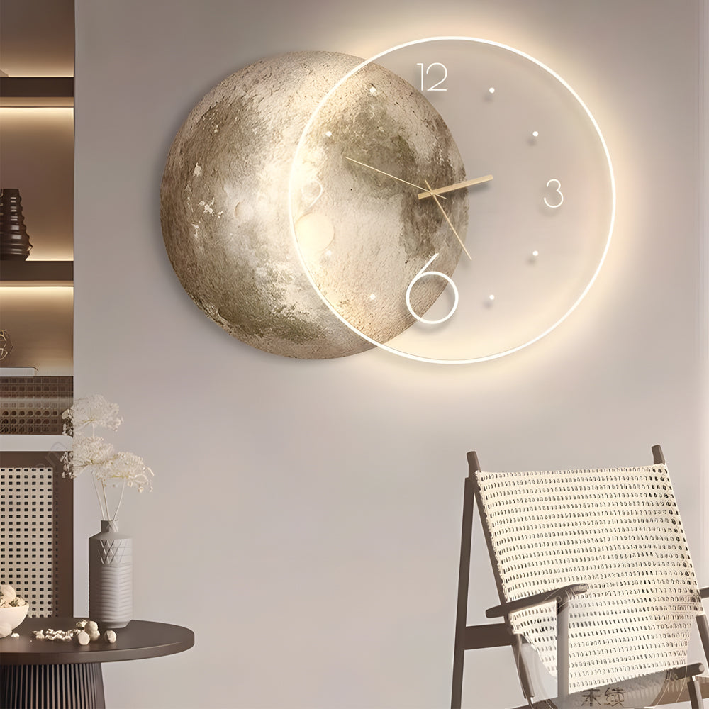 Modern Moon Lunar LED Wall Clock and Decorative Wall Painting Lamp with Remote Control and USB Power Supply