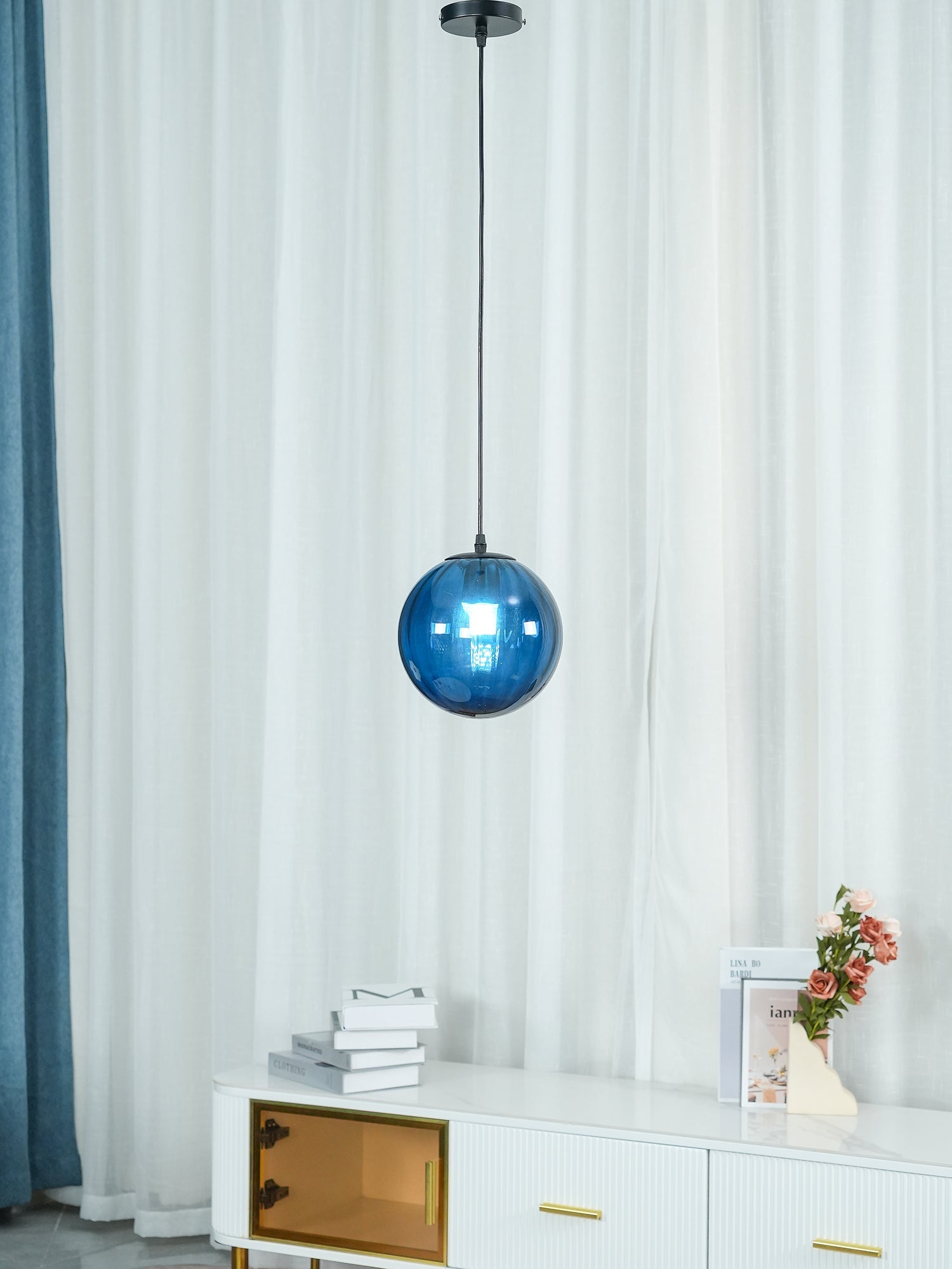 Modern Mouth Blown Glass Globe Pendant Light with Adjustable Metal Stalk for Indoor Ceilings