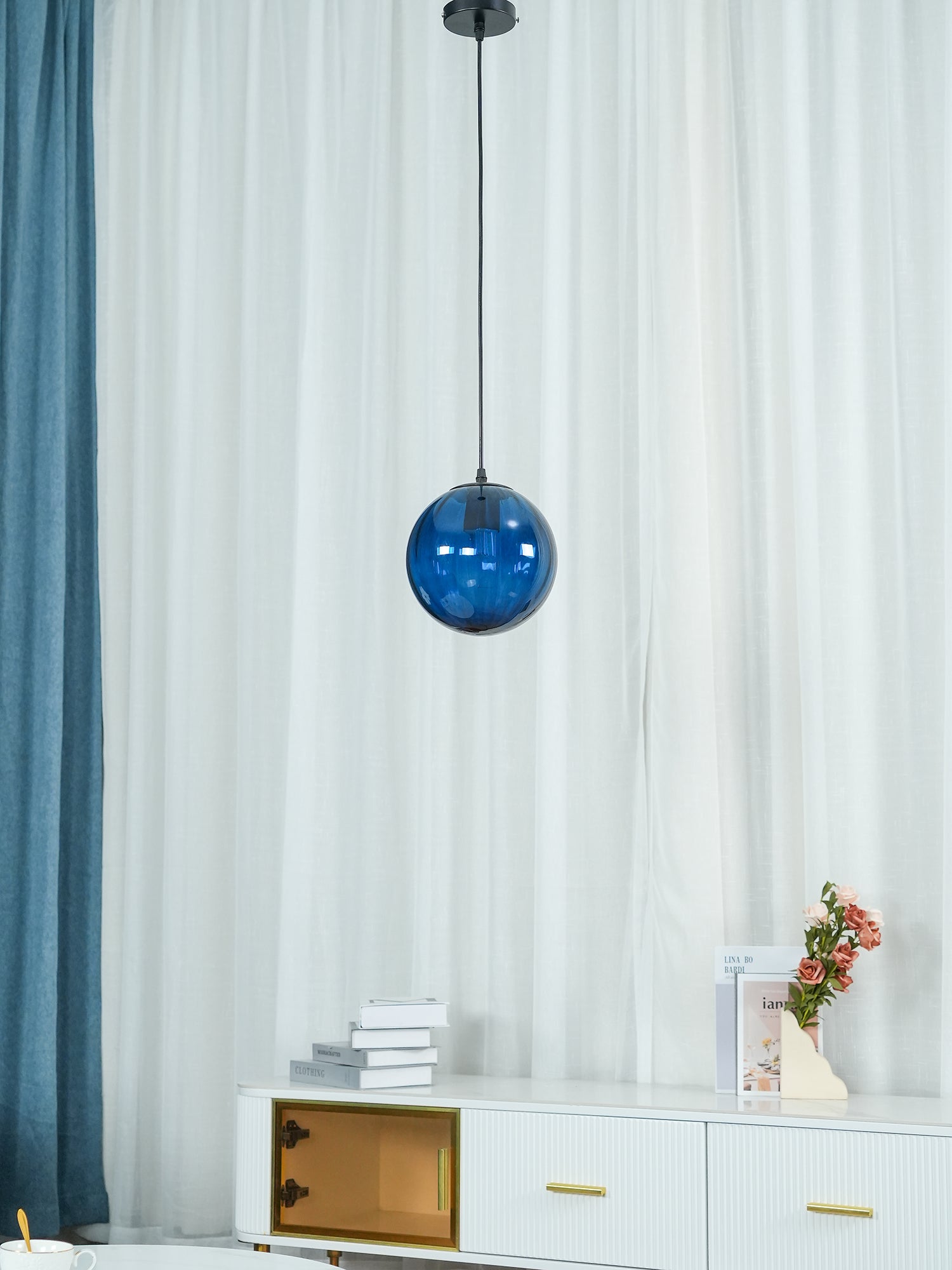 Modern Mouth Blown Glass Globe Pendant Light with Adjustable Metal Stalk for Indoor Ceilings