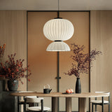 Modern Mulberry Silk Lantern Pendant Light White Fabric Chandelier with Oak Wood Ring