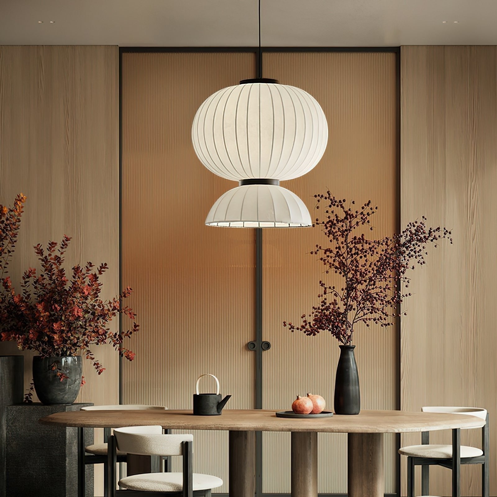 Modern Mulberry Silk Lantern Pendant Light White Fabric Chandelier with Oak Wood Ring