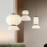 Modern Mulberry Silk Lantern Pendant Light White Fabric Chandelier with Oak Wood Ring