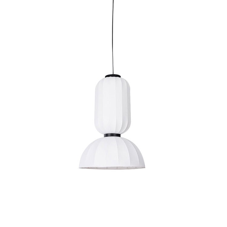 Modern Mulberry Silk Lantern Pendant Light White Fabric Chandelier with Oak Wood Ring