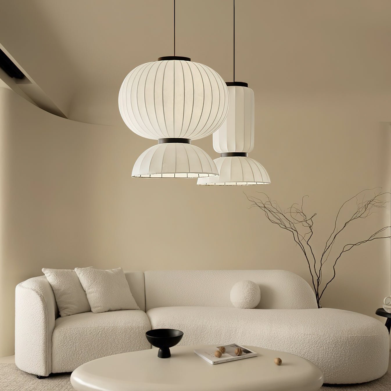 Modern Mulberry Silk Lantern Pendant Light White Fabric Chandelier with Oak Wood Ring