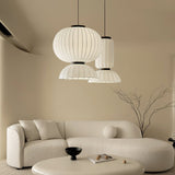Modern Mulberry Silk Lantern Pendant Light White Fabric Chandelier with Oak Wood Ring