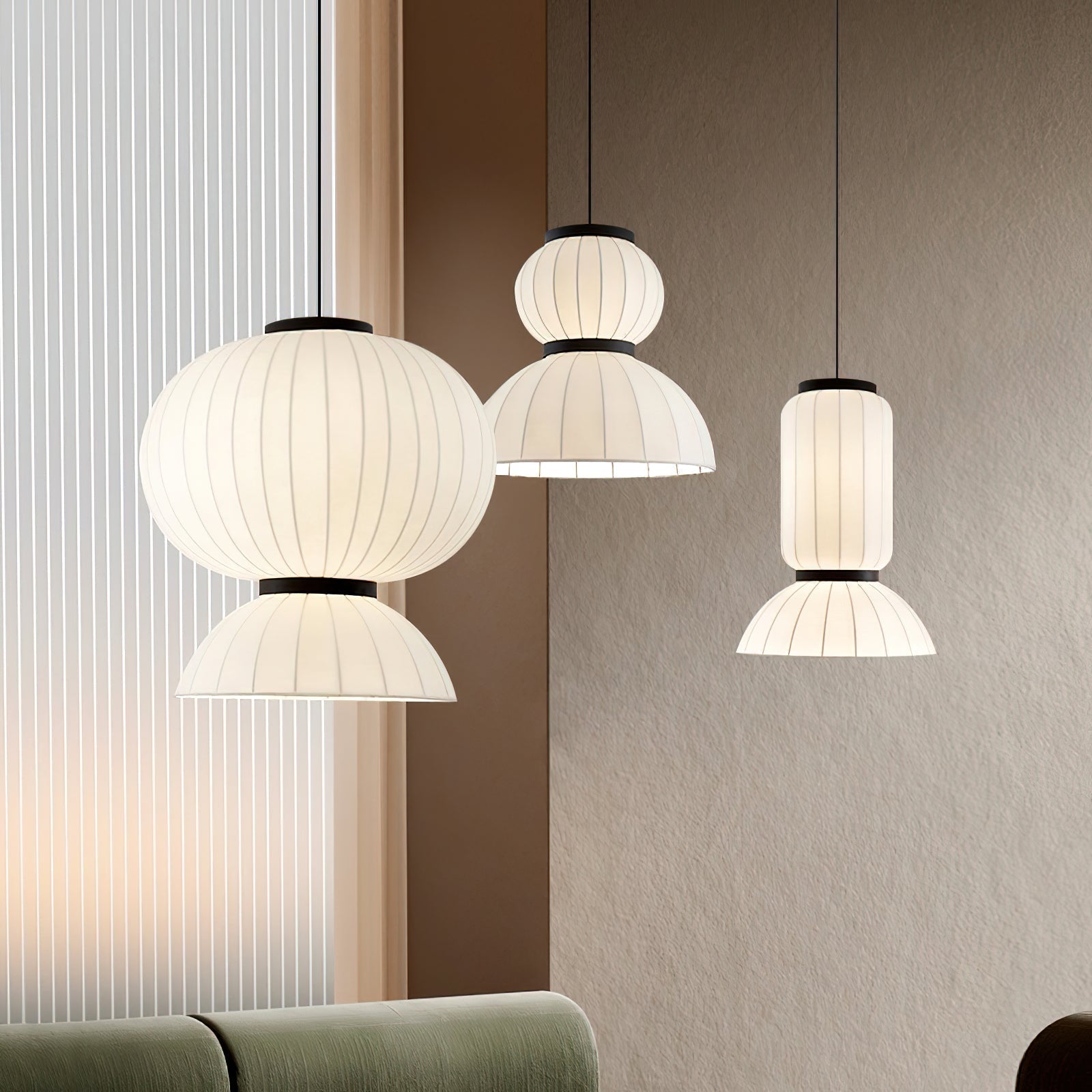 Modern Mulberry Silk Lantern Pendant Light White Fabric Chandelier with Oak Wood Ring