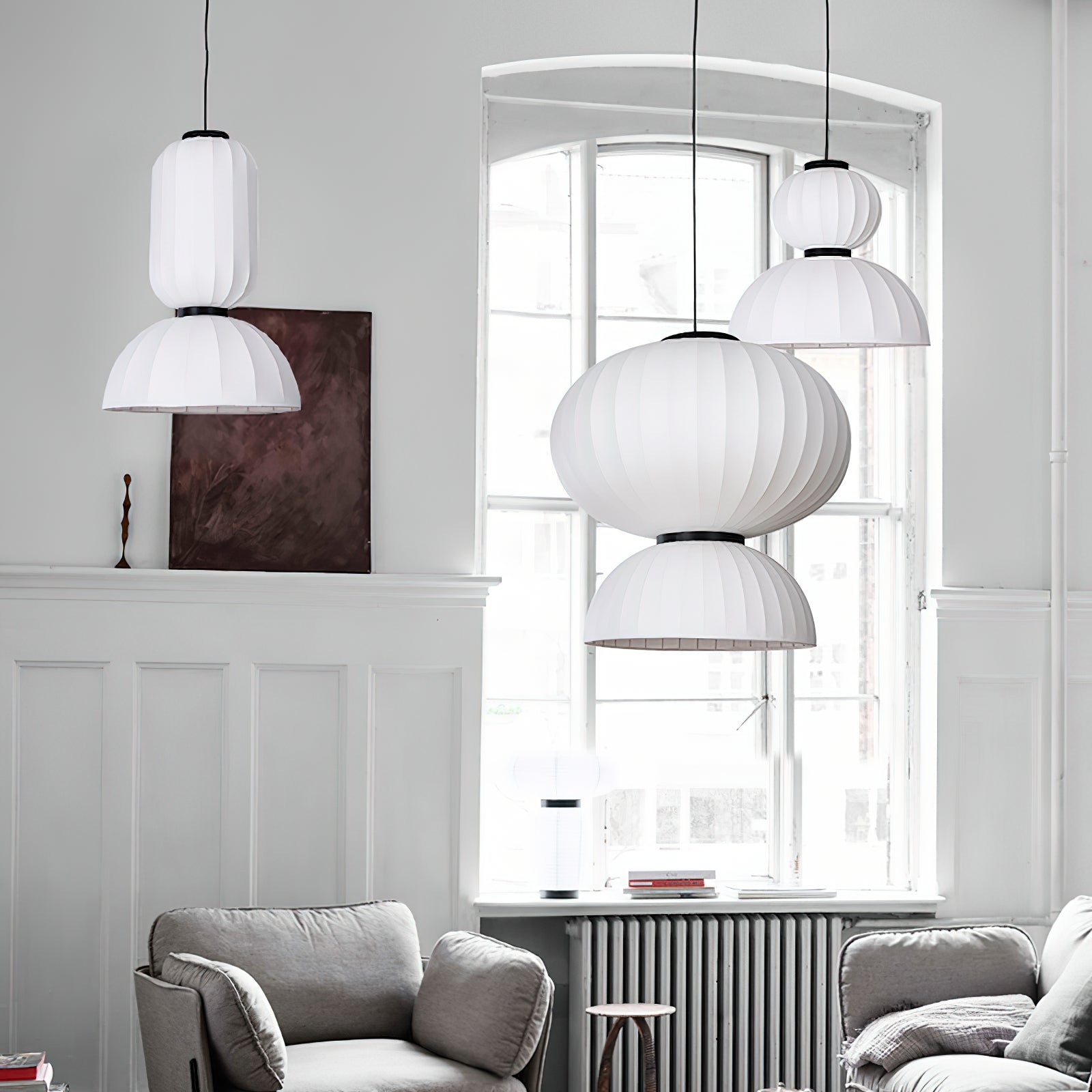 Modern Mulberry Silk Lantern Pendant Light White Fabric Chandelier with Oak Wood Ring