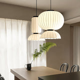 Modern Mulberry Silk Lantern Pendant Light White Fabric Chandelier with Oak Wood Ring