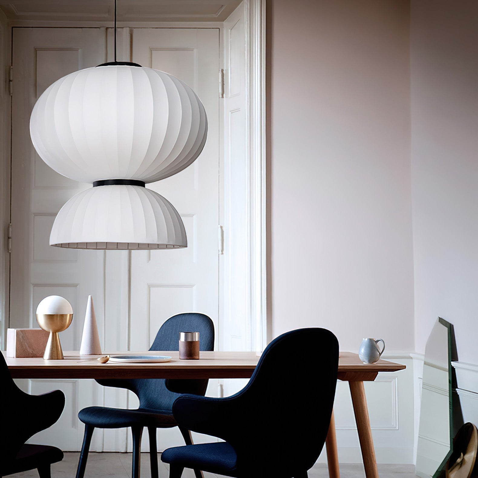 Modern Mulberry Silk Lantern Pendant Light White Fabric Chandelier with Oak Wood Ring