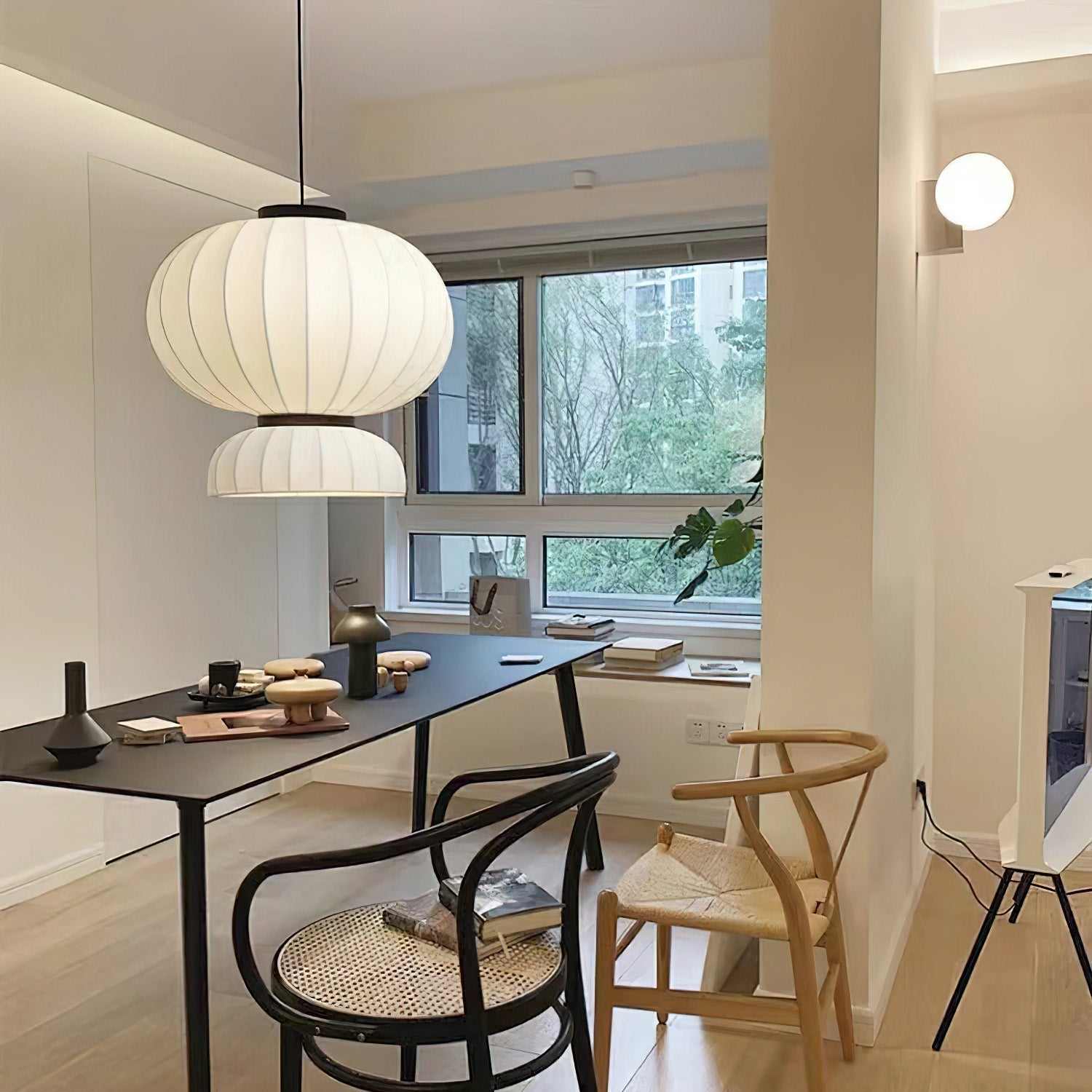Modern Mulberry Silk Lantern Pendant Light White Fabric Chandelier with Oak Wood Ring