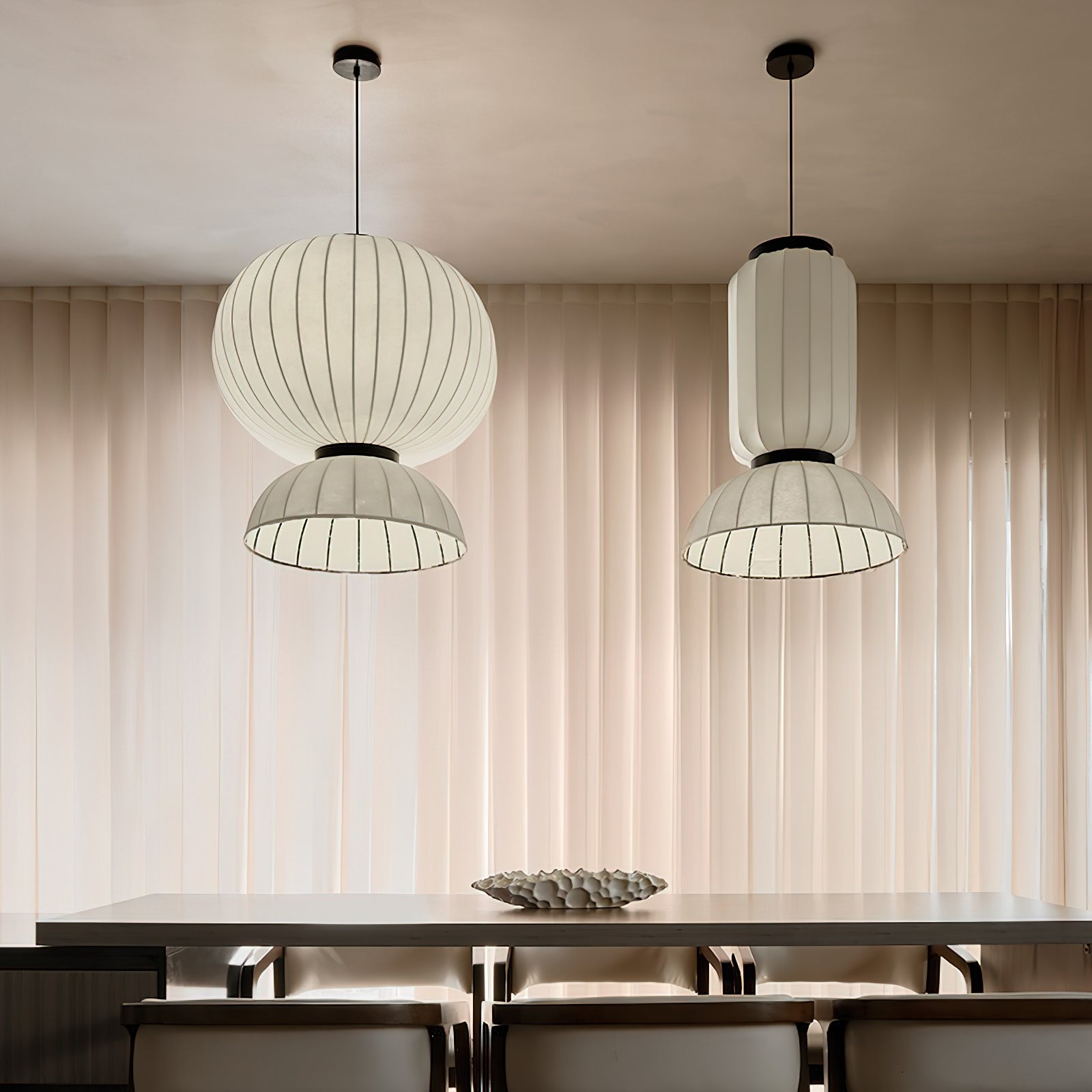 Modern Mulberry Silk Lantern Pendant Light White Fabric Chandelier with Oak Wood Ring