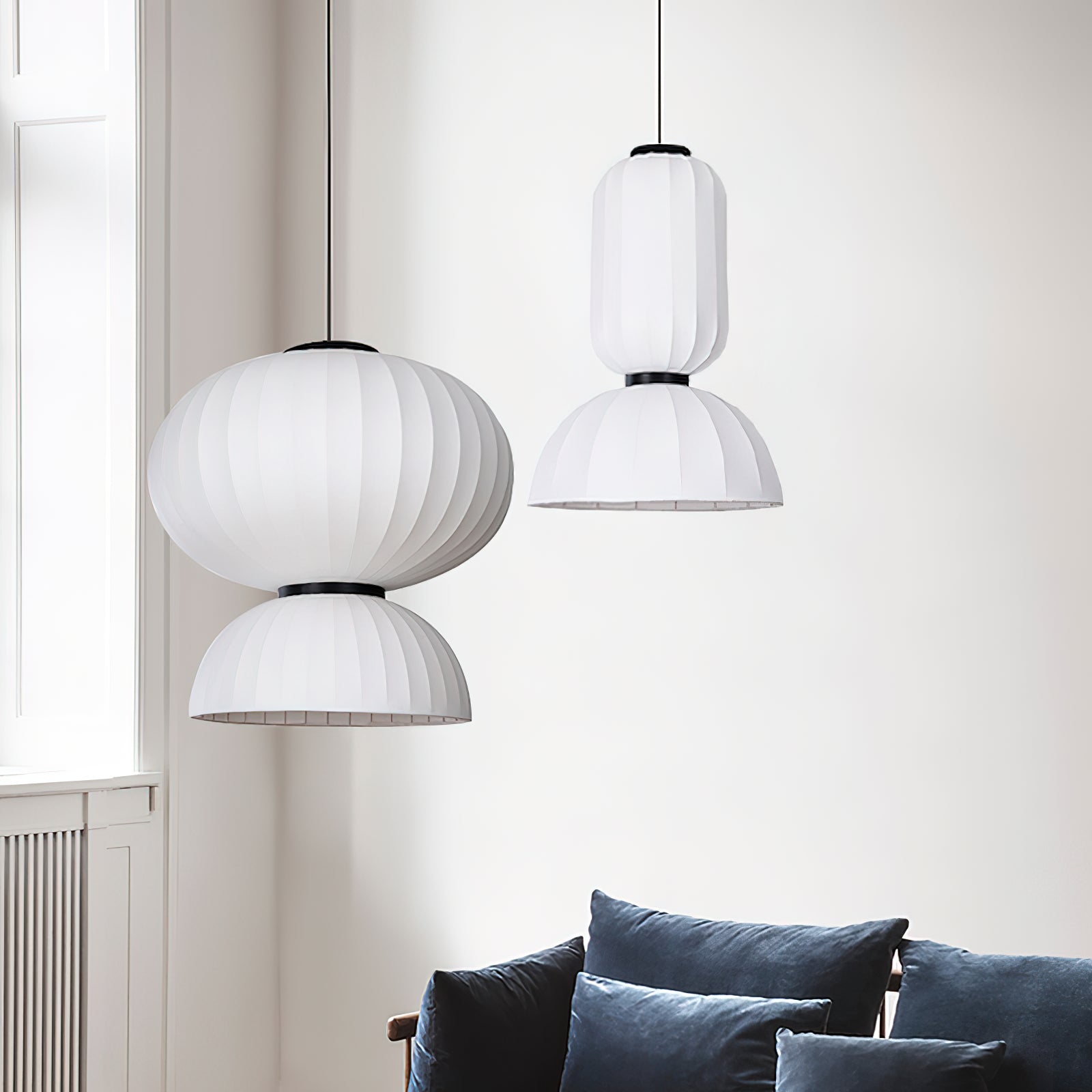 Modern Mulberry Silk Lantern Pendant Light White Fabric Chandelier with Oak Wood Ring