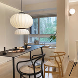 Modern Mulberry Silk Lantern Pendant Light White Fabric Chandelier with Oak Wood Ring