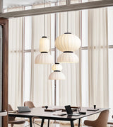Modern Mulberry Silk Lantern Pendant Light White Fabric Chandelier with Oak Wood Ring