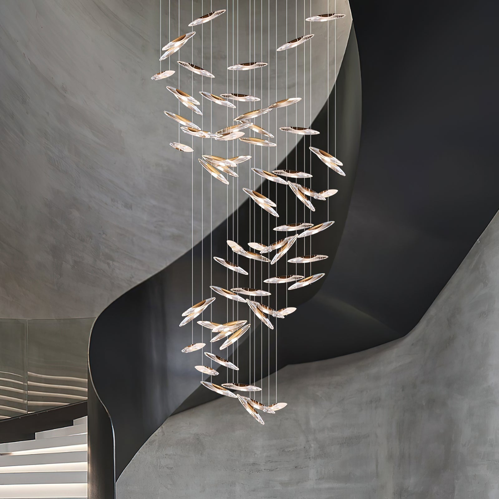 Modern Multi Head Moonlight Whispers Glass LED Chandelier for High Ceiling Interiors
