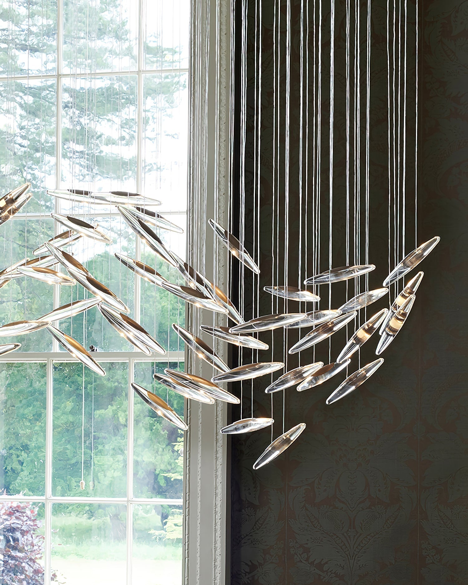 Modern Multi Head Moonlight Whispers Glass LED Chandelier for High Ceiling Interiors