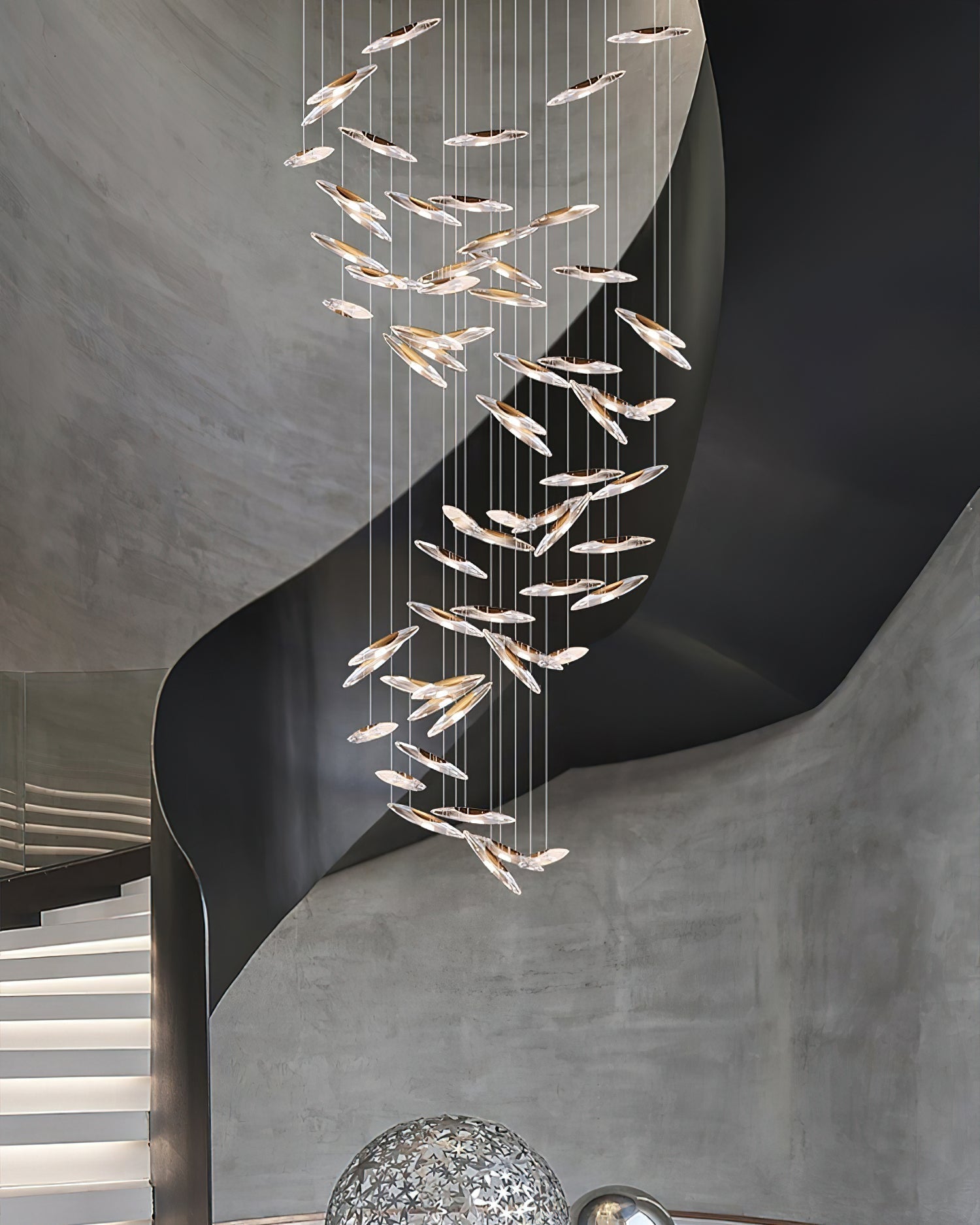 Modern Multi Head Moonlight Whispers Glass LED Chandelier for High Ceiling Interiors