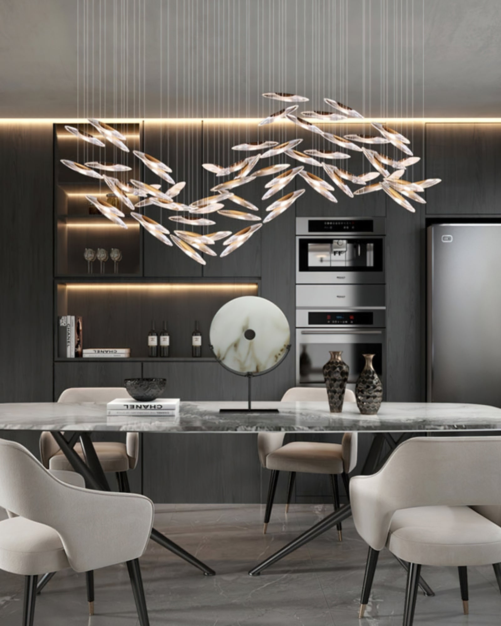 Modern Multi Head Moonlight Whispers Glass LED Chandelier for High Ceiling Interiors