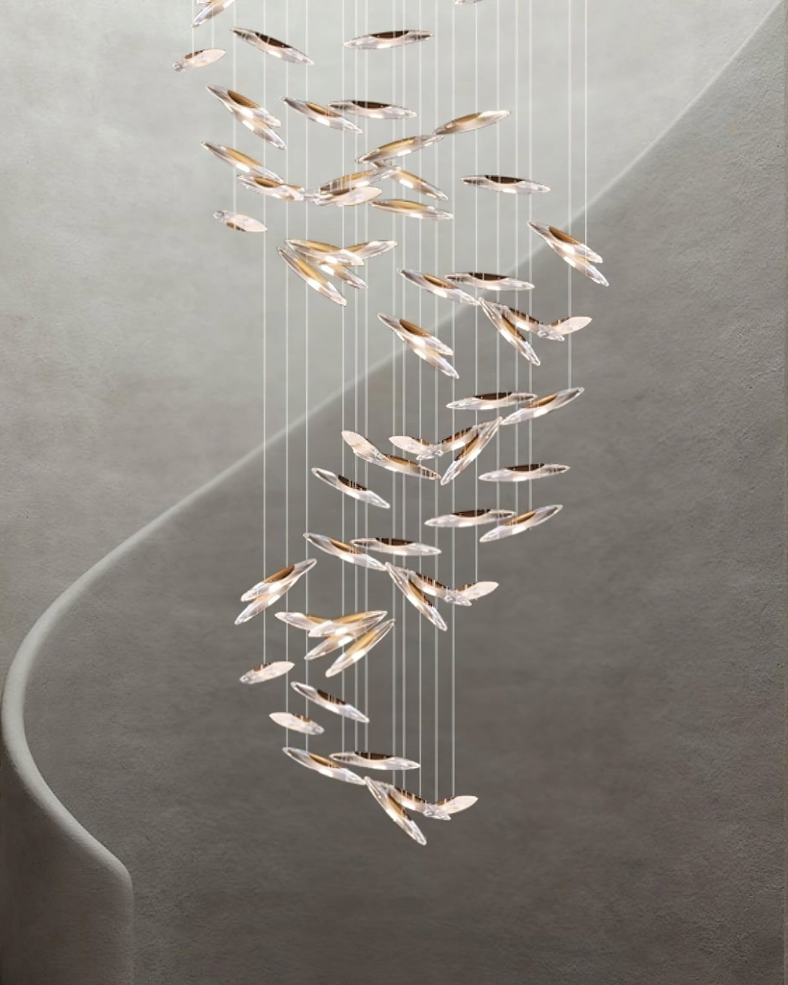Modern Multi Head Moonlight Whispers Glass LED Chandelier for High Ceiling Interiors