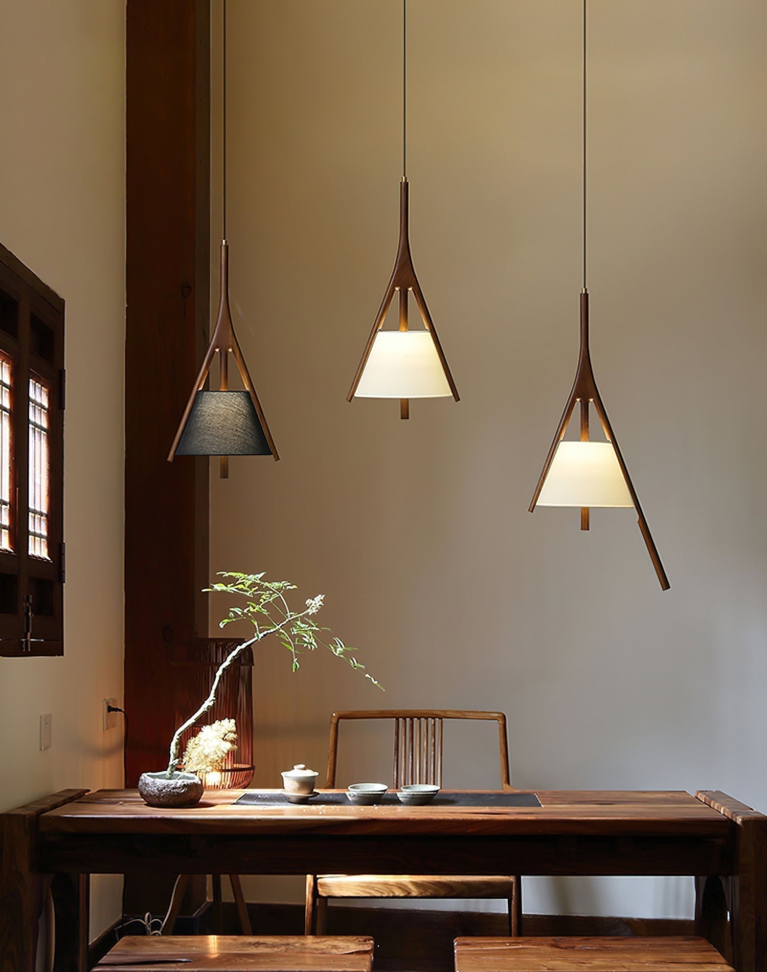 Modern Nanzhi Solid Wood Geometric Triangular LED Pendant Light for Dining and Living Areas