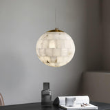 Modern Natural Alabaster Sphere Pendant Light with Solid Brass Hardware Luxury Stone Globe Lamp