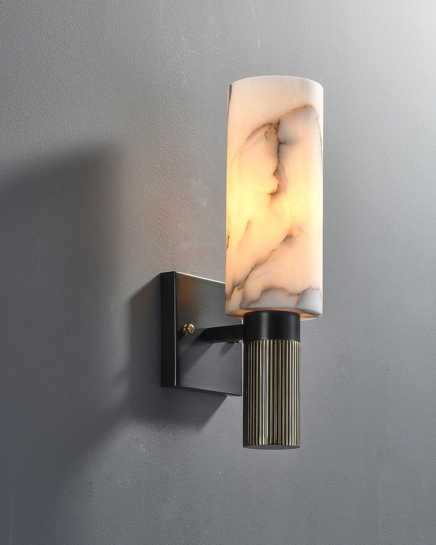 Modern Natural Alabaster Stone Torch Wall Sconce with Blackened Brass Hardware