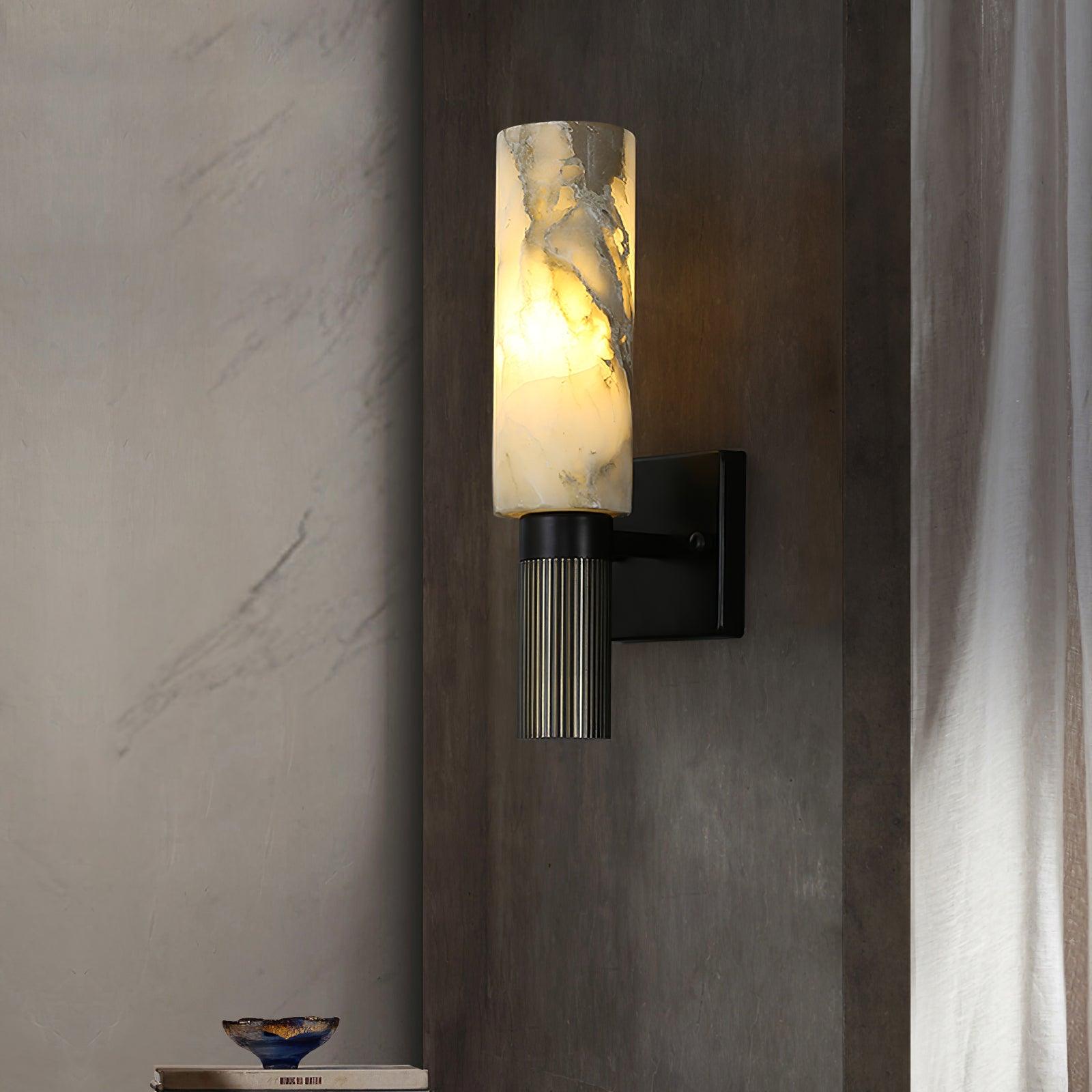 Modern Natural Alabaster Stone Torch Wall Sconce with Blackened Brass Hardware