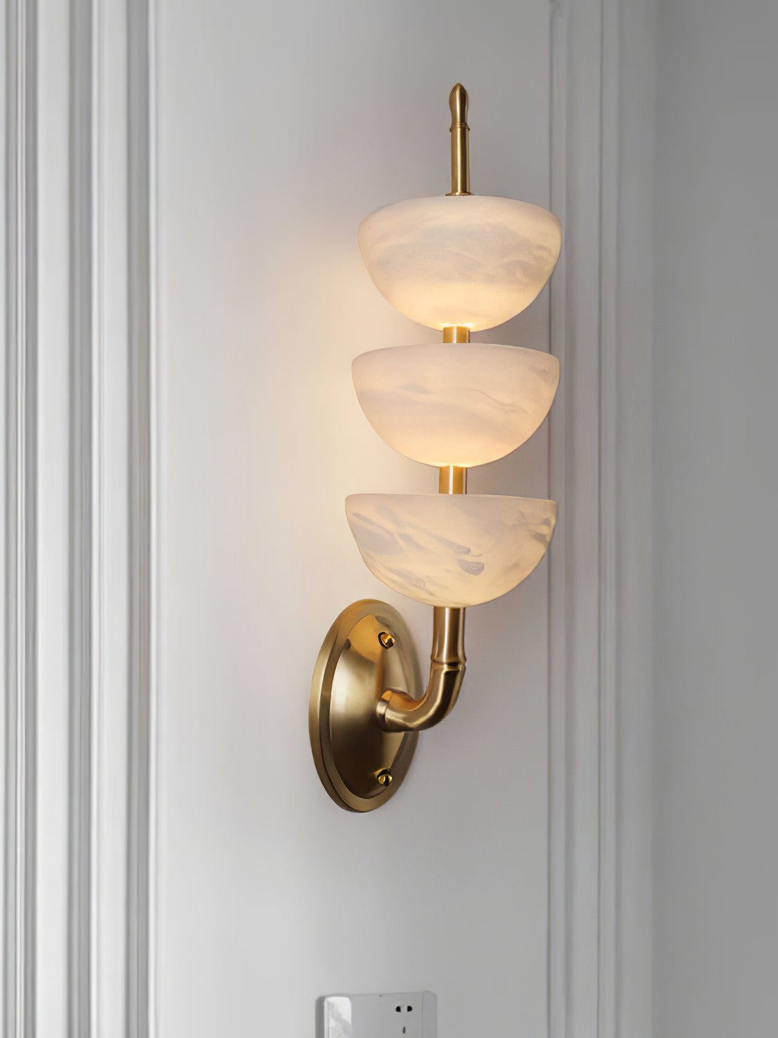 Modern Natural Alabaster Stone Wall Sconce with Brass Finish Set of 2 Indoor LED Lighting