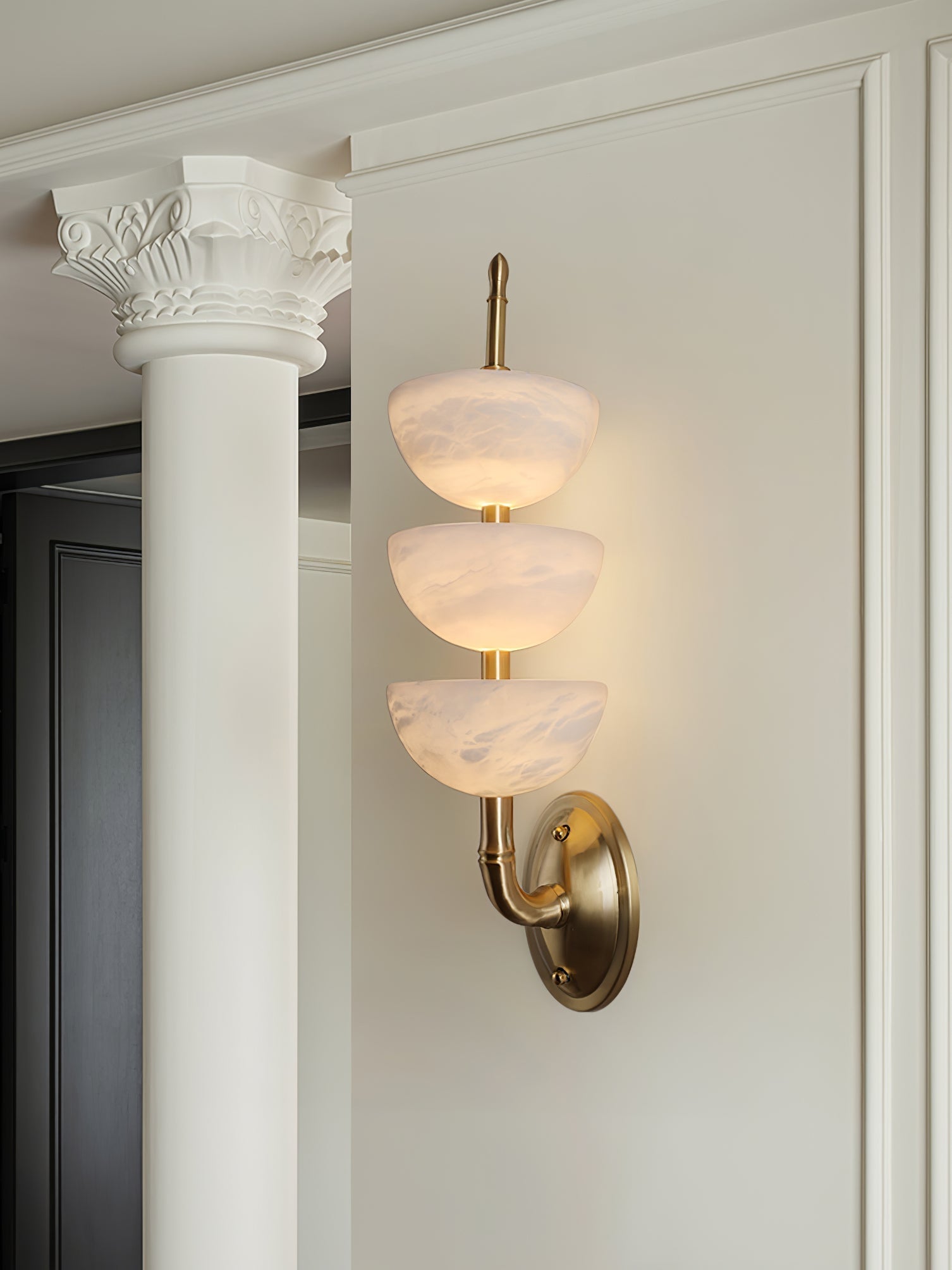 Modern Natural Alabaster Stone Wall Sconce with Brass Finish Set of 2 Indoor LED Lighting