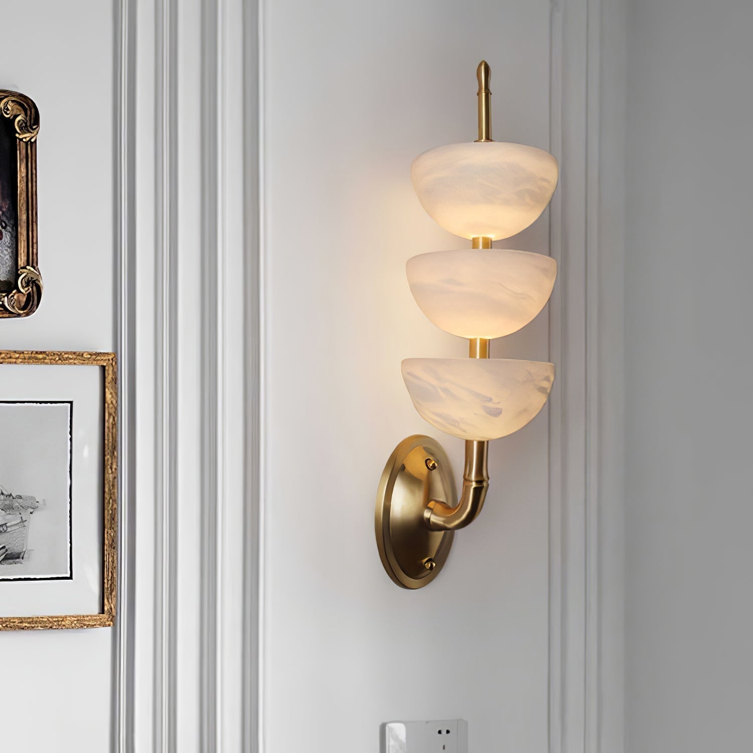 Modern Natural Alabaster Stone Wall Sconce with Brass Finish Set of 2 Indoor LED Lighting