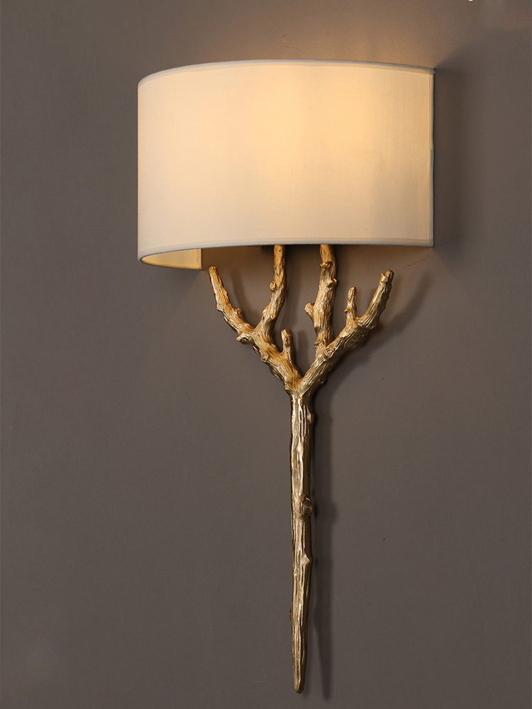 Modern Nature Inspired Brass Tree Branch Sconce with Fabric Shade Indoor Wall Light