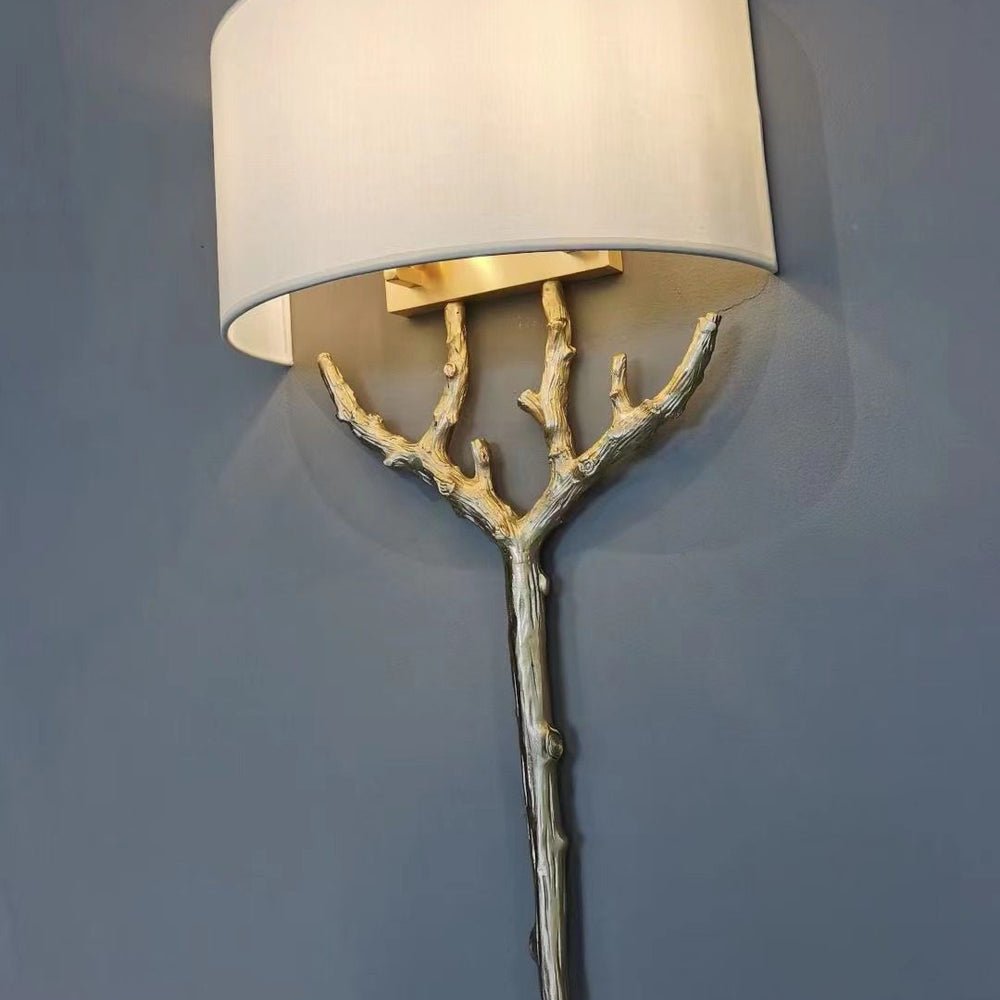Modern Nature Inspired Brass Tree Branch Sconce with Fabric Shade Indoor Wall Light