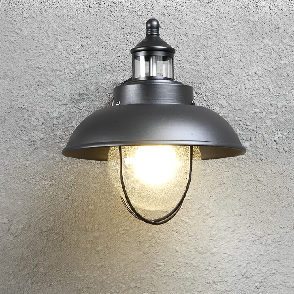 Modern Nautical Black Outdoor Wall Sconce with Seeded Glass and Metal Cage for Porch