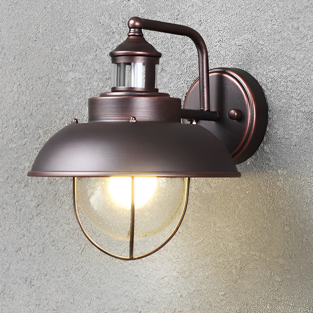Modern Nautical Black Outdoor Wall Sconce with Seeded Glass and Metal Cage for Porch