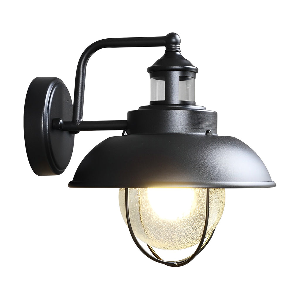 Modern Nautical Black Outdoor Wall Sconce with Seeded Glass and Metal Cage for Porch