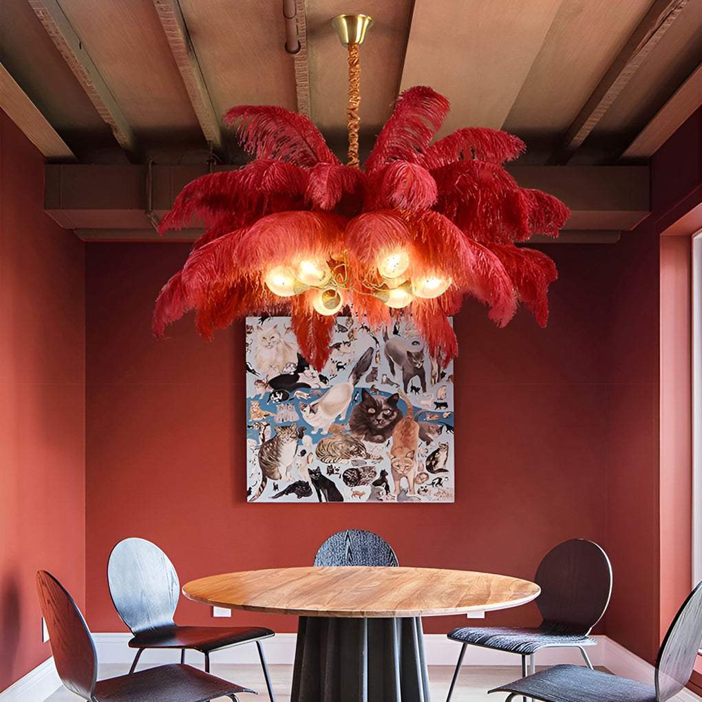 Modern Nordic Feather Chandelier Copper Semi Flush Mount Ceiling Light for Bedroom and Living Room